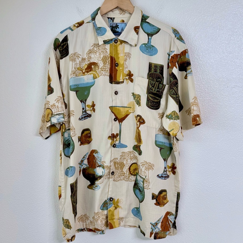 AFTCO Bluewater Tiki Cocktails Aloha Shirt Cotton Rayon Handcrafted USA Large